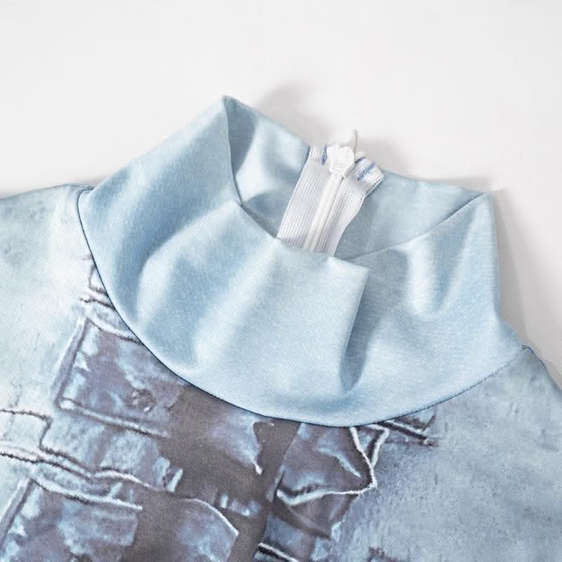 Long sleeve high neck body print zip-up contrast jumpsuit-final-sale  | Festival Outfits Women