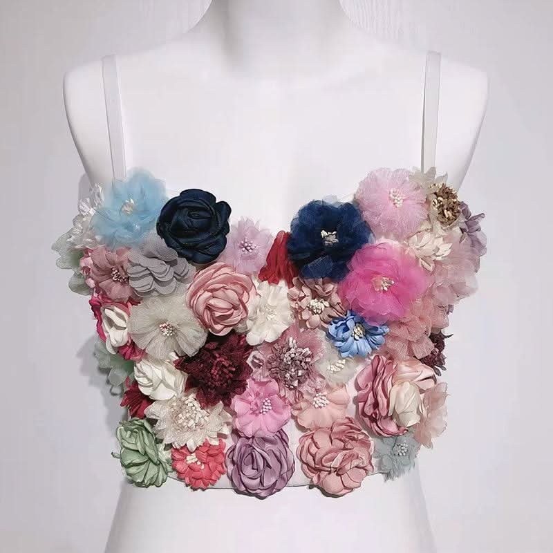 Flower applique v neck button contrast cami top  | Festival Outfits Women