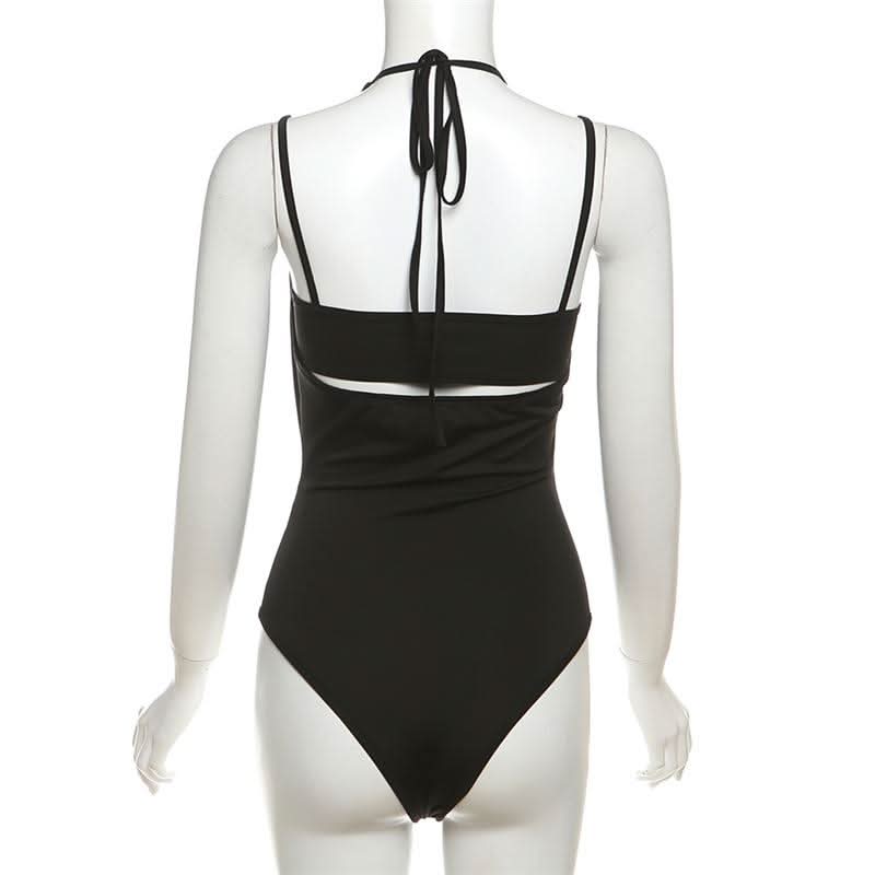 Halter v neck hollow out 2 piece cami bodysuit-final-sale