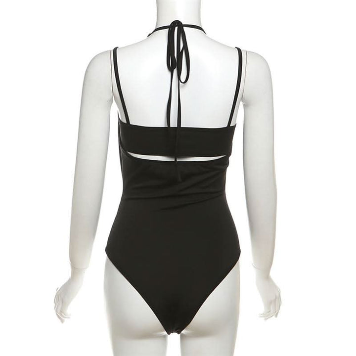 Halter v neck hollow out 2 piece cami bodysuit-final-sale