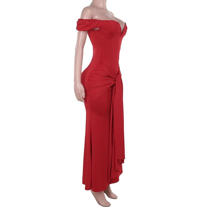 Off shoulder ruched knotted zip-up maxi dress  | Festival Outfits Women