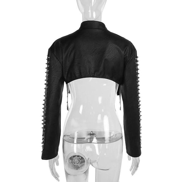 High neck PU leather zip-up hollow out shrug cut out top  | Festival Outfits Women