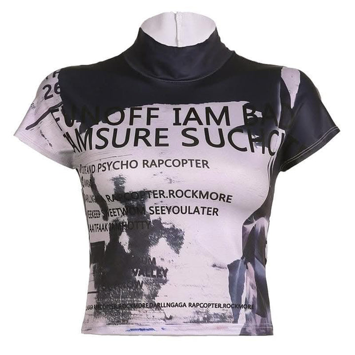 High neck short sleeve letter print contrast top-final-sale  | Festival Outfits Women