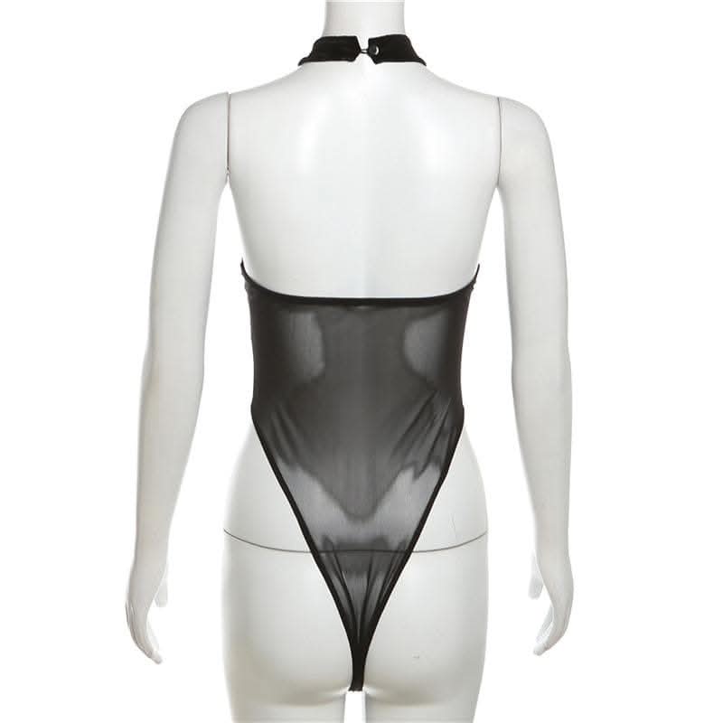 Heart patchwork halter mesh backless solid bodysuit-final-sale