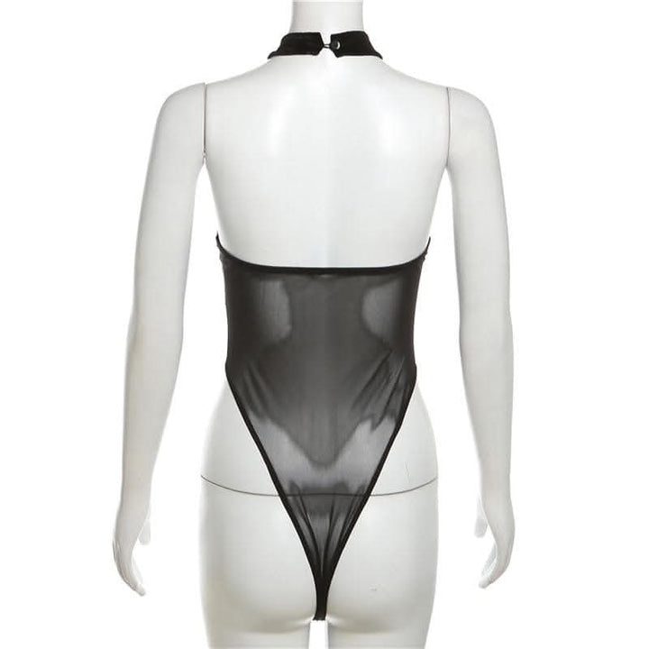 Heart patchwork halter mesh backless solid bodysuit-final-sale