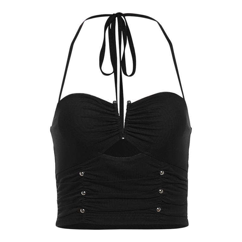 Halter ruched hollow out beaded cut out top  | Festival Outfits Women