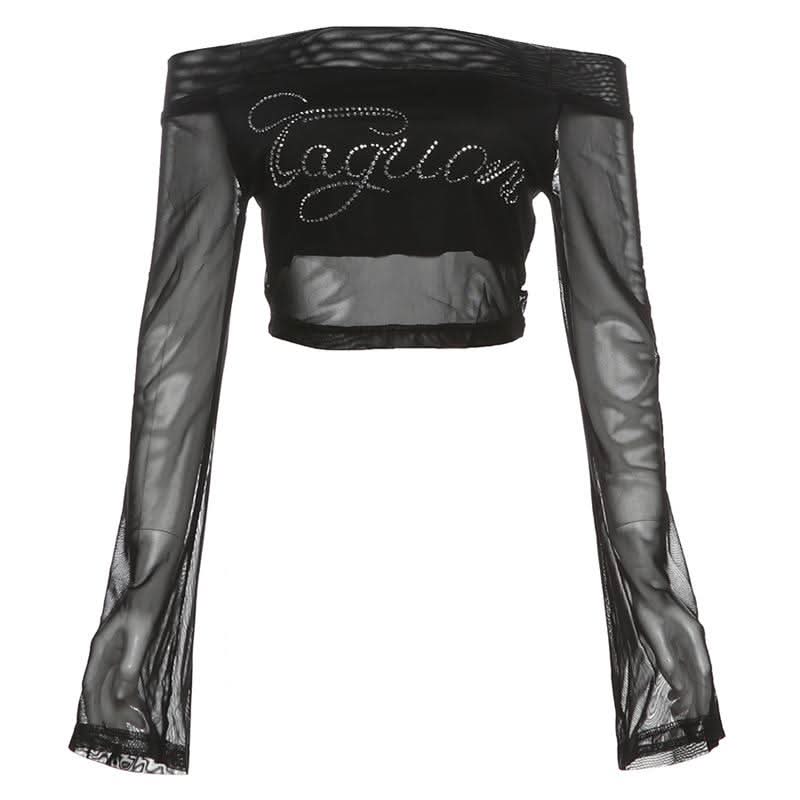 Long sleeve off shoulder mesh letter pattern beaded top  | Festival Outfits Women