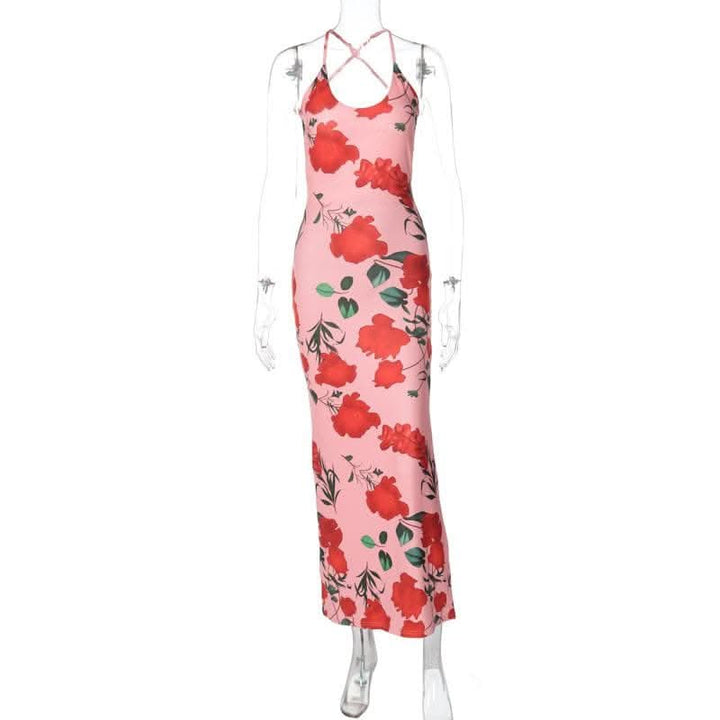 Flower print u neck cross back backless cami midi dress-final-sale  | Festival Outfits Women