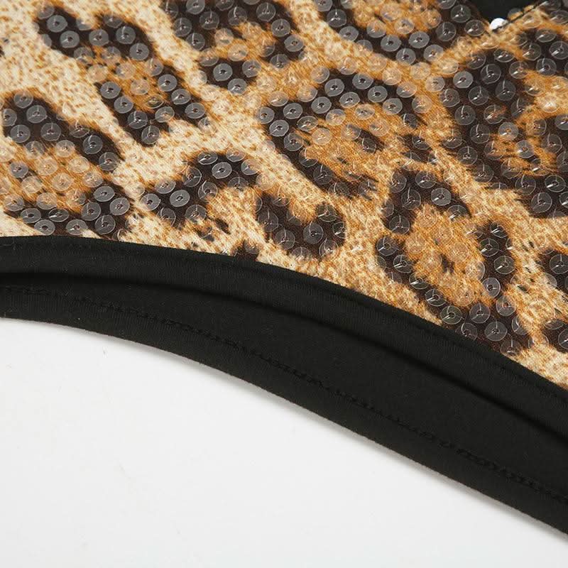 Leopard print u neck glitter button cami bodysuit  | Festival Outfits Women-final-sale