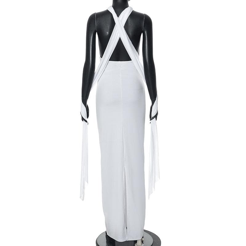 Cross front mesh patchwork backless maxi dress  | Festival Outfits Women