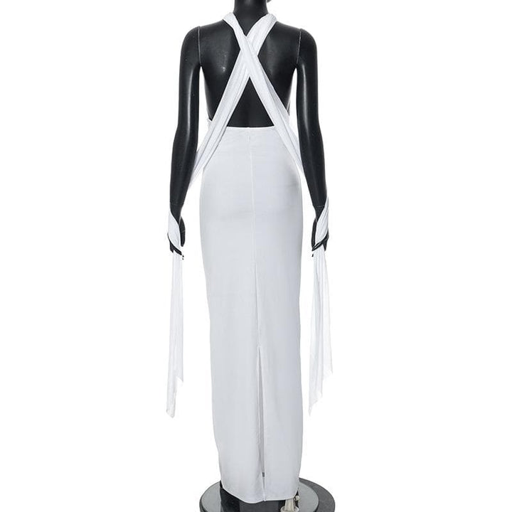 Cross front mesh patchwork backless maxi dress  | Festival Outfits Women