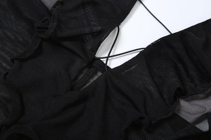 Sheer mesh solid ruffle see through cross front jumpsuit-final-sale  | Festival Outfits Women
