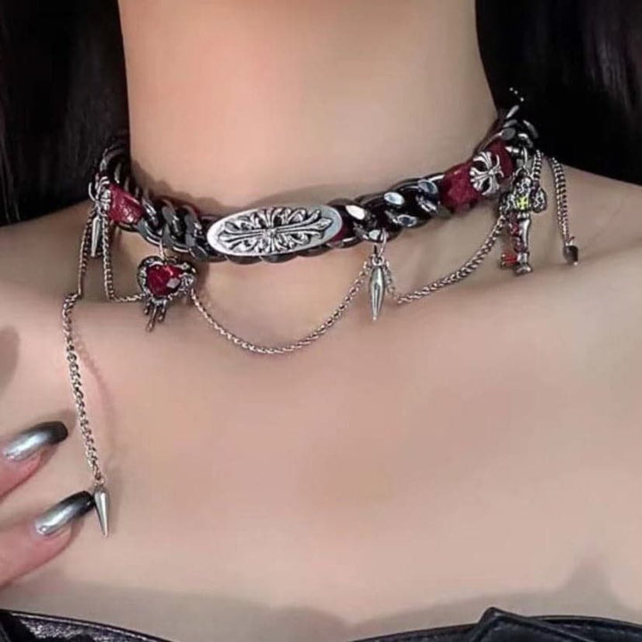Metal tag heart rivet PU leather choker necklace  | Festival Outfits Women