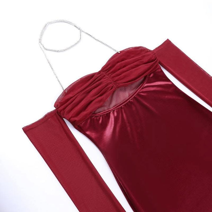 Mesh gloves solid halter ruched hollow out off shoulder cut out mini dress-final-sale  | Festival Outfits Women