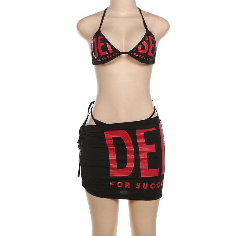 Letter print halter self tie ruched drawstring mini skirt set  | Festival Outfits Women-final-sale