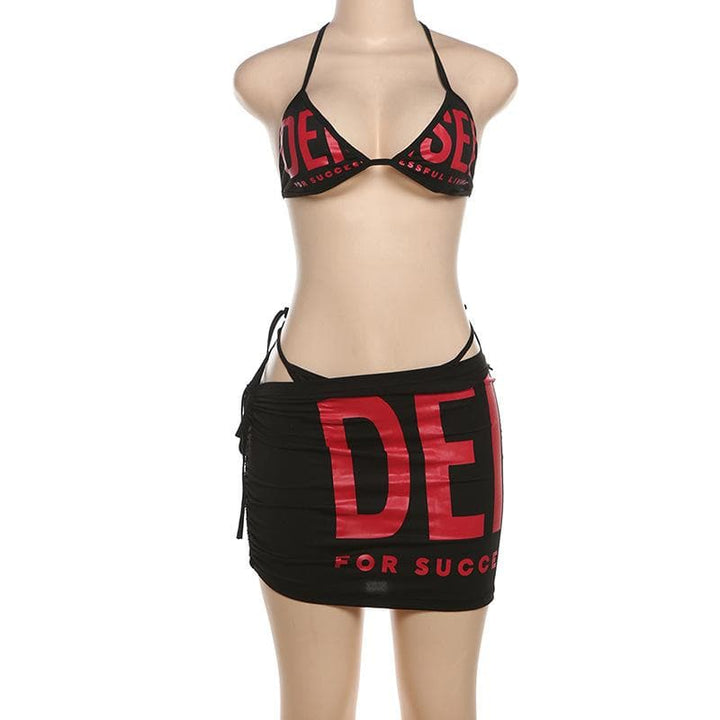 Letter print halter self tie ruched drawstring mini skirt set  | Festival Outfits Women-final-sale