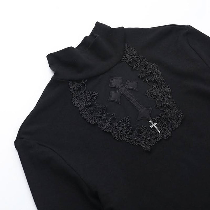 Long sleeve high neck cross pattern solid top  | Festival Outfits Women