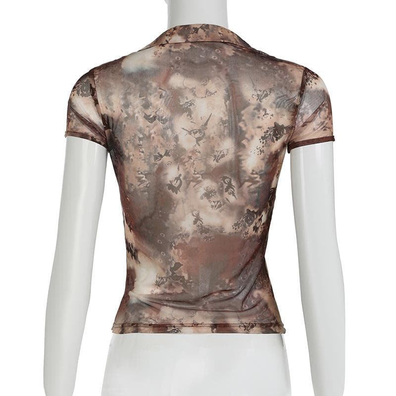 Short sleeve tie dye button sheer mesh top-final-sale