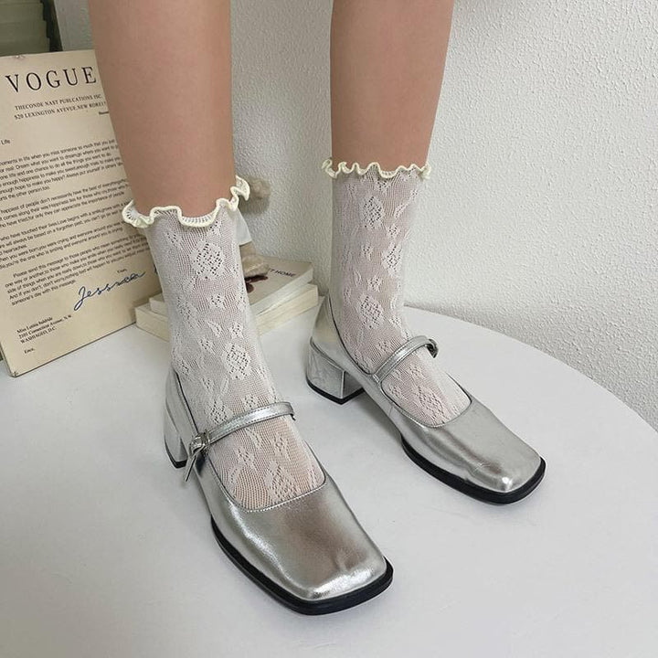 Ruffle hollow out lace solid socks  | Festival Outfits Women