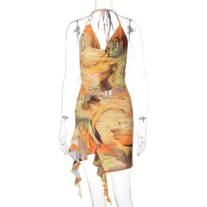 Halter print cowl neck o ring ruffle mini dress-final-sale