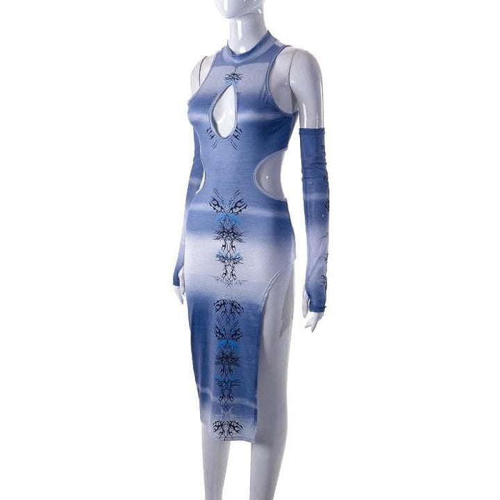 Contrast abstract print hollow out slit gloves cut out midi dress-final-sale  | Festival Outfits Women