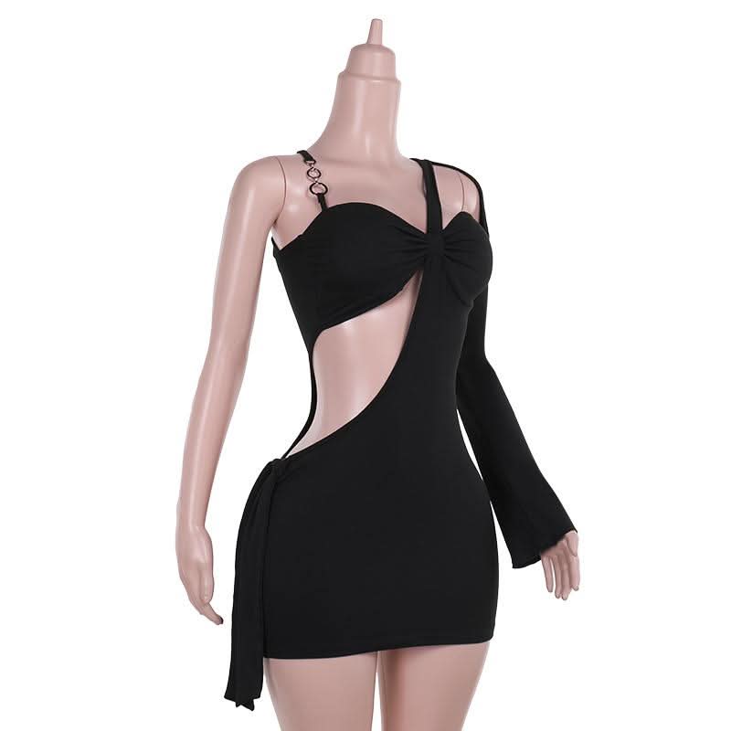 Irregular long sleeve hollow out o ring cut out mini dress  | Festival Outfits Women