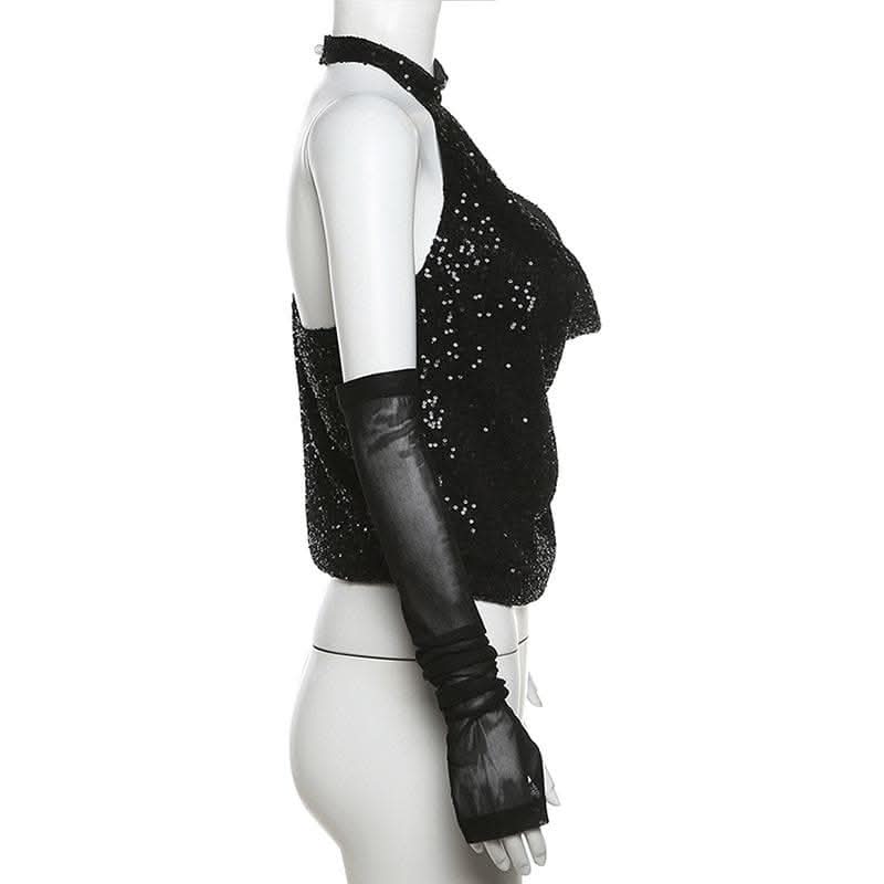 Halter gloves button glitter cowl neck irregular top-final-sale  | Festival Outfits Women