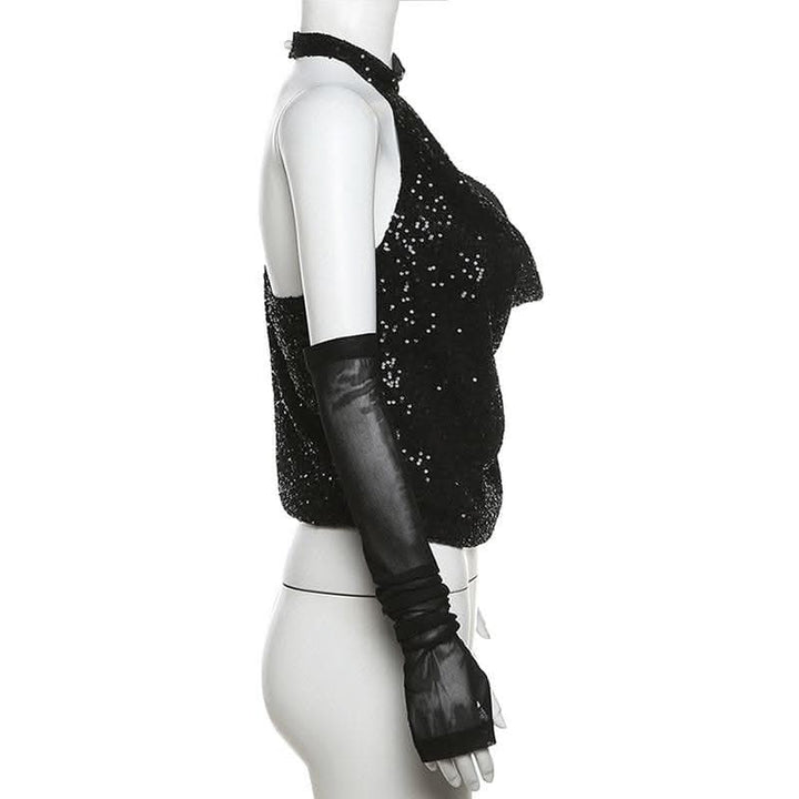 Halter gloves button glitter cowl neck irregular top-final-sale  | Festival Outfits Women