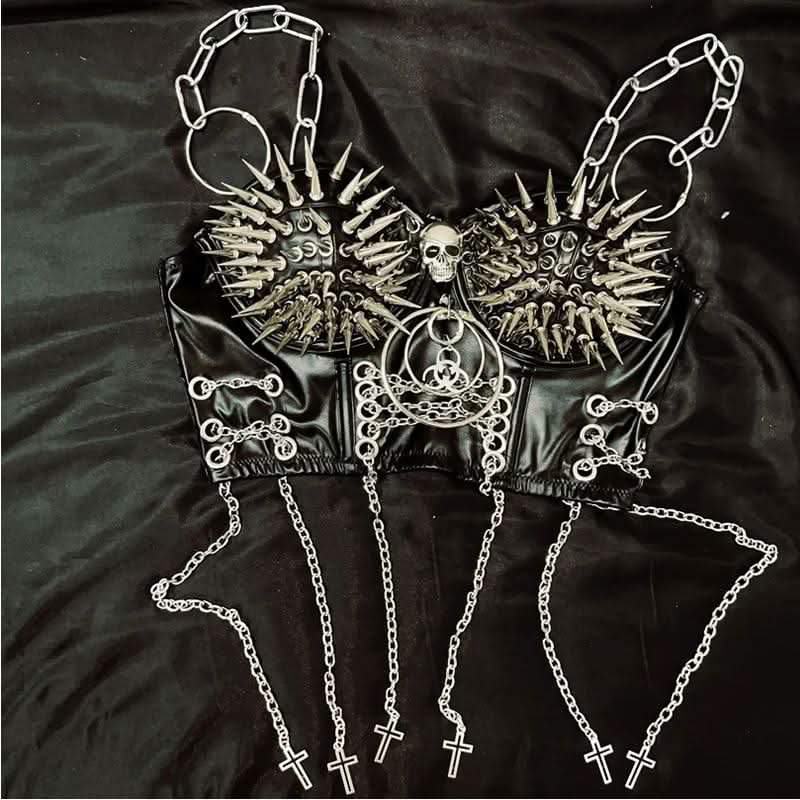 Skull o ring rivet PU leather metal chain cami top  | Festival Outfits Women