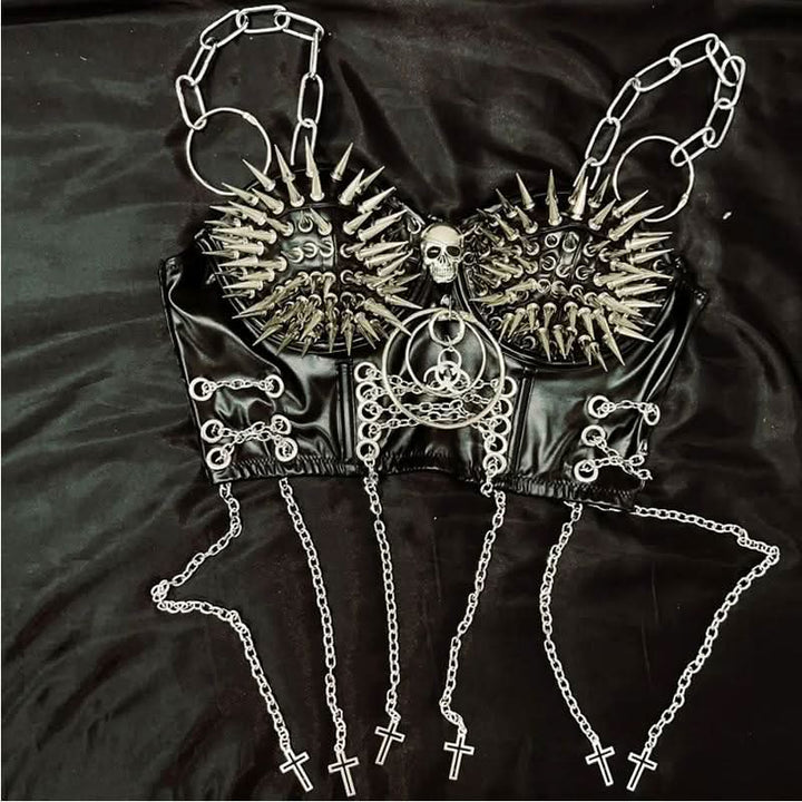 Skull o ring rivet PU leather metal chain cami top  | Festival Outfits Women