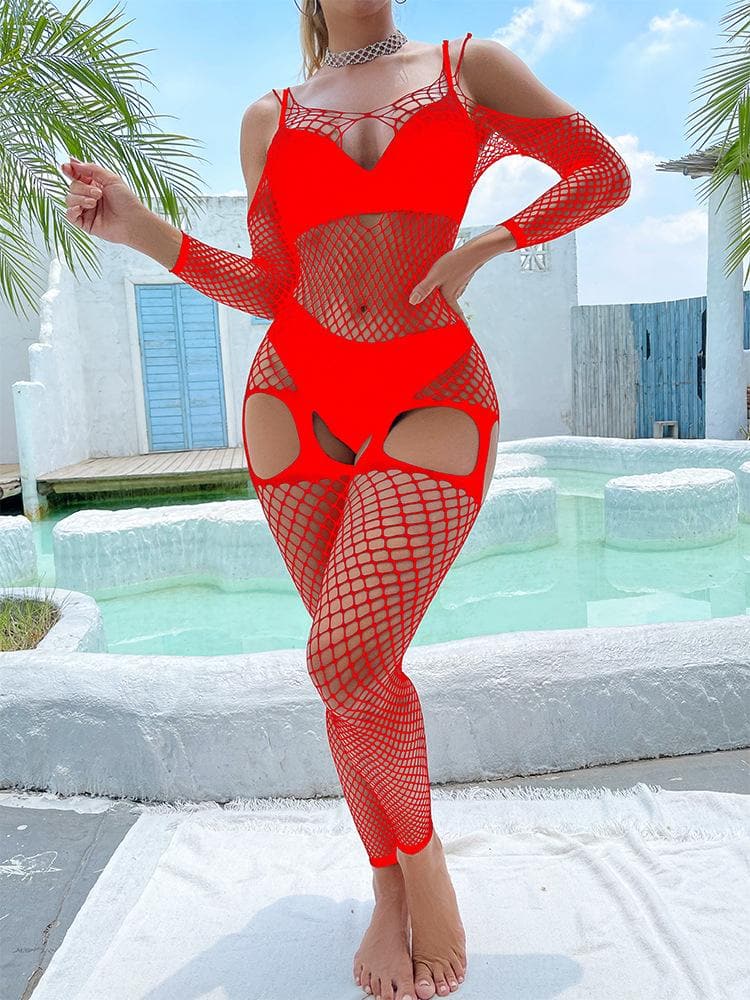 Fishnet hollow out off shoulder open crotch bodystocking  | Festival Outfits Women