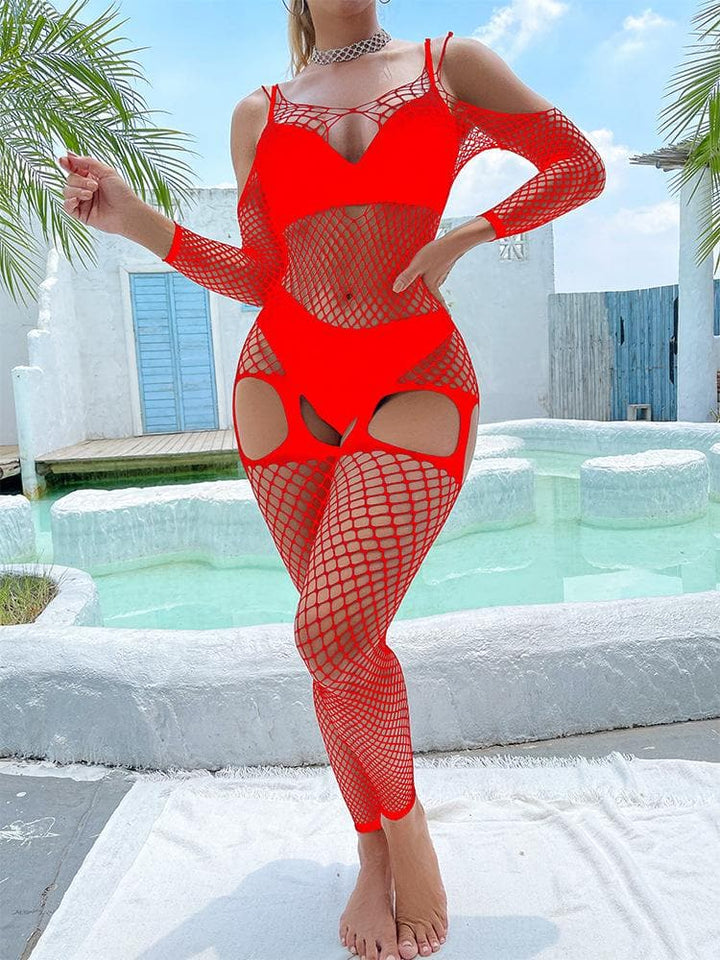 Fishnet hollow out off shoulder open crotch bodystocking  | Festival Outfits Women