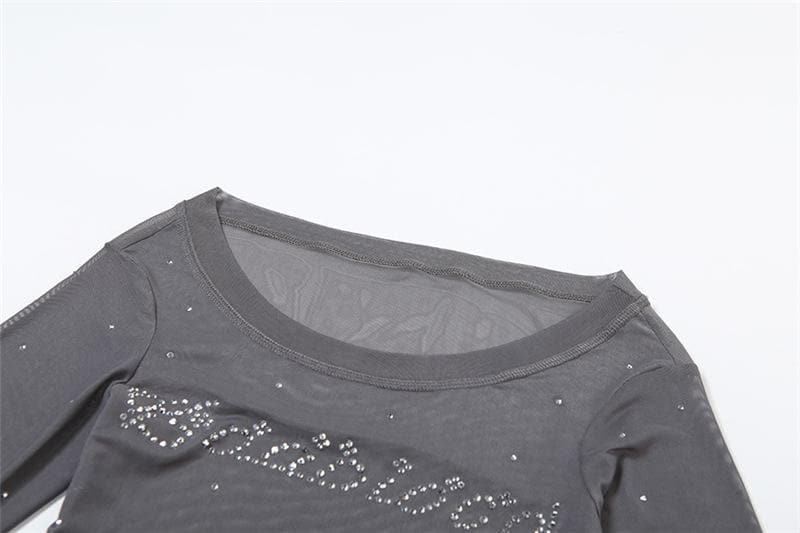 Off shoulder long sleeve beaded sheer mesh solid top  | Festival Outfits Women