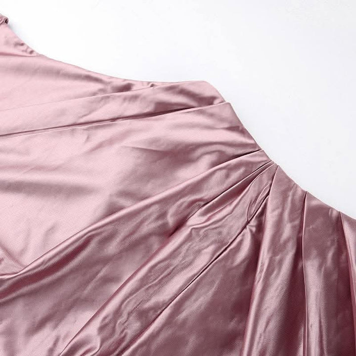 Ruched solid satin zip-up halter backless slit maxi dress-final-sale  | Festival Outfits Women