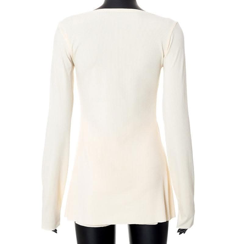 V neck long sleeve o ring slit solid crop top pant set-final-sale  | Festival Outfits Women