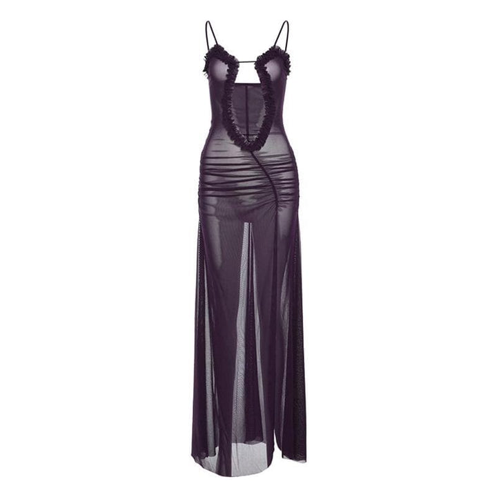Sheer mesh hollow out ruched high slit cami cut out maxi dress  | Festival Outfits Women