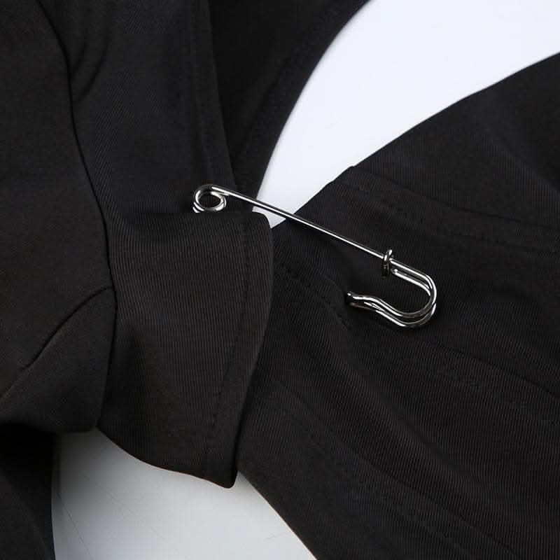 Safety pin applique lace up long sleeve solid crop top-final-sale  | Festival Outfits Women