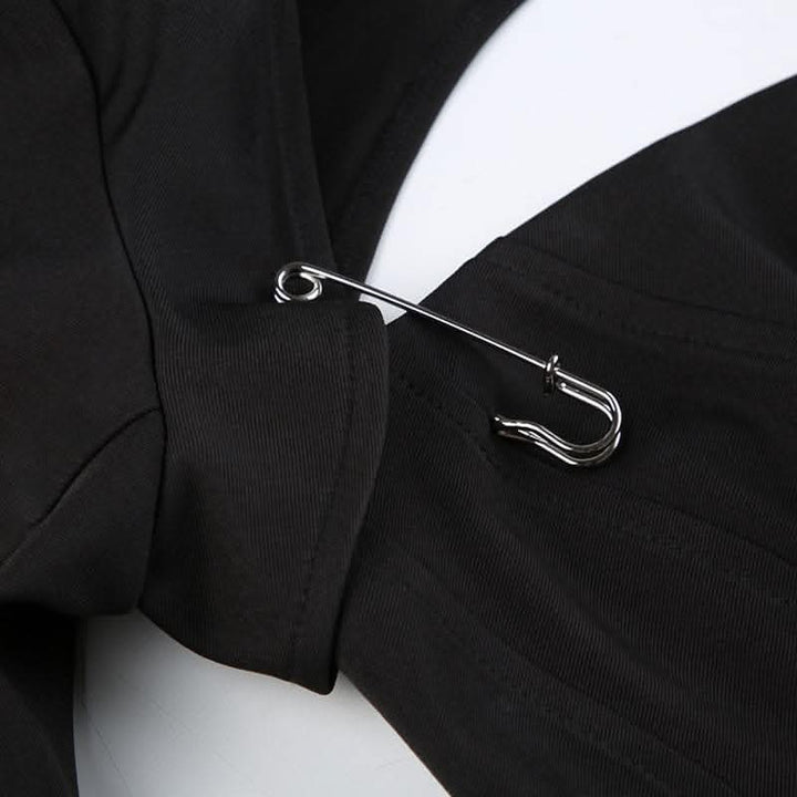 Safety pin applique lace up long sleeve solid crop top-final-sale  | Festival Outfits Women