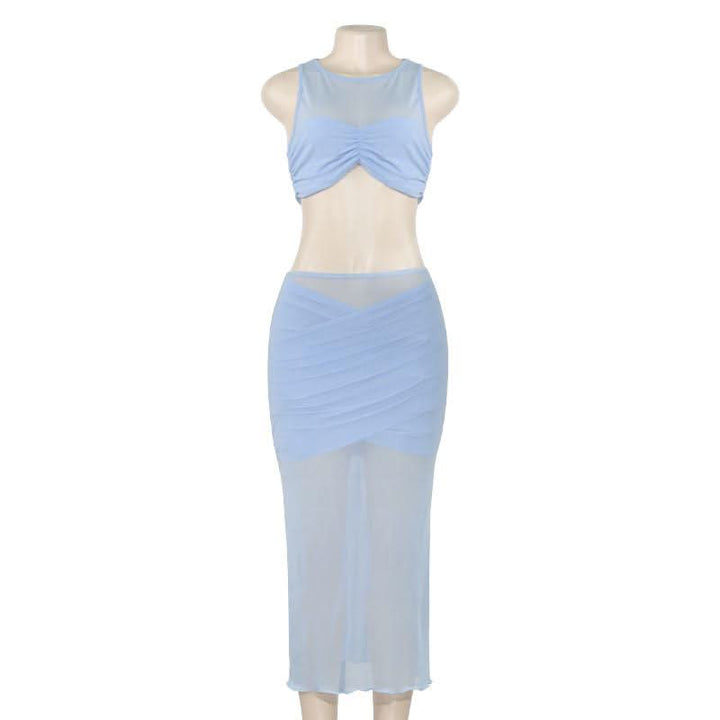 Crewneck sleeveless ruched mesh crop maxi skirt set  | Festival Outfits Women