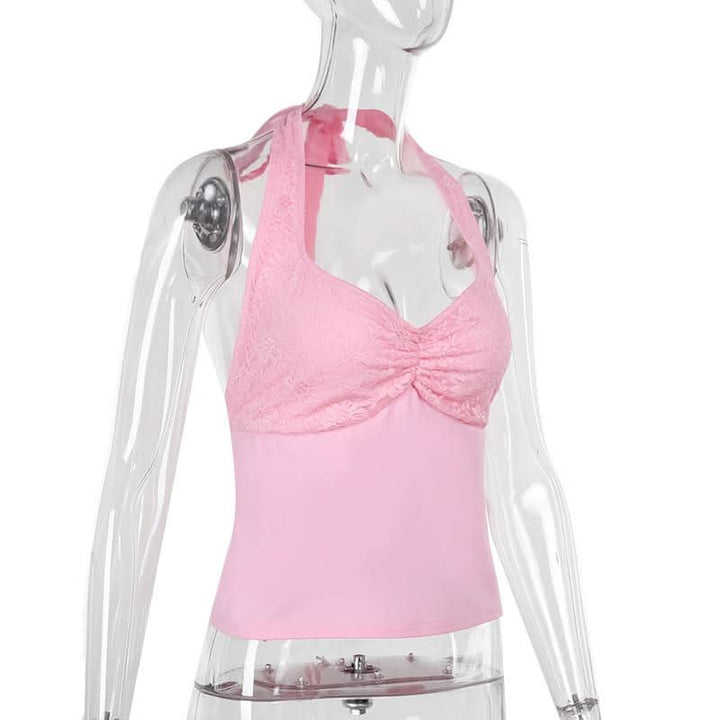 Halter self tie lace v neck ruched backless top  | Festival Outfits Women