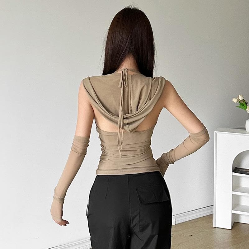 Hoodie gloves sheer mesh top  | Festival Outfits Women