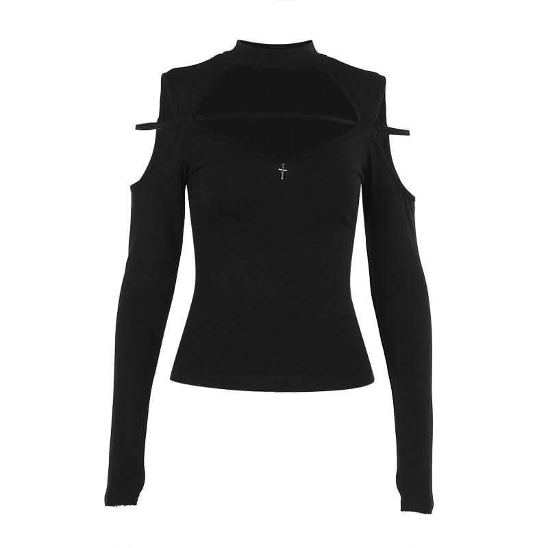 High neck long sleeve hollow out cross metal cut out top  | Festival Outfits Women