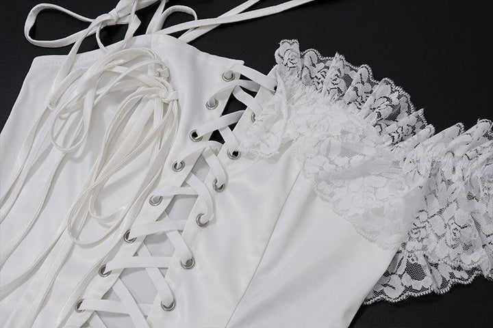 One off shoulder irregular lace up satin ruffle puff skirt set Cargo Mini Skirt  | Festival Outfits Women