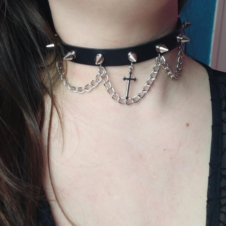 Layered rivet cross pendant metal chain choker necklace  | Festival Outfits Women