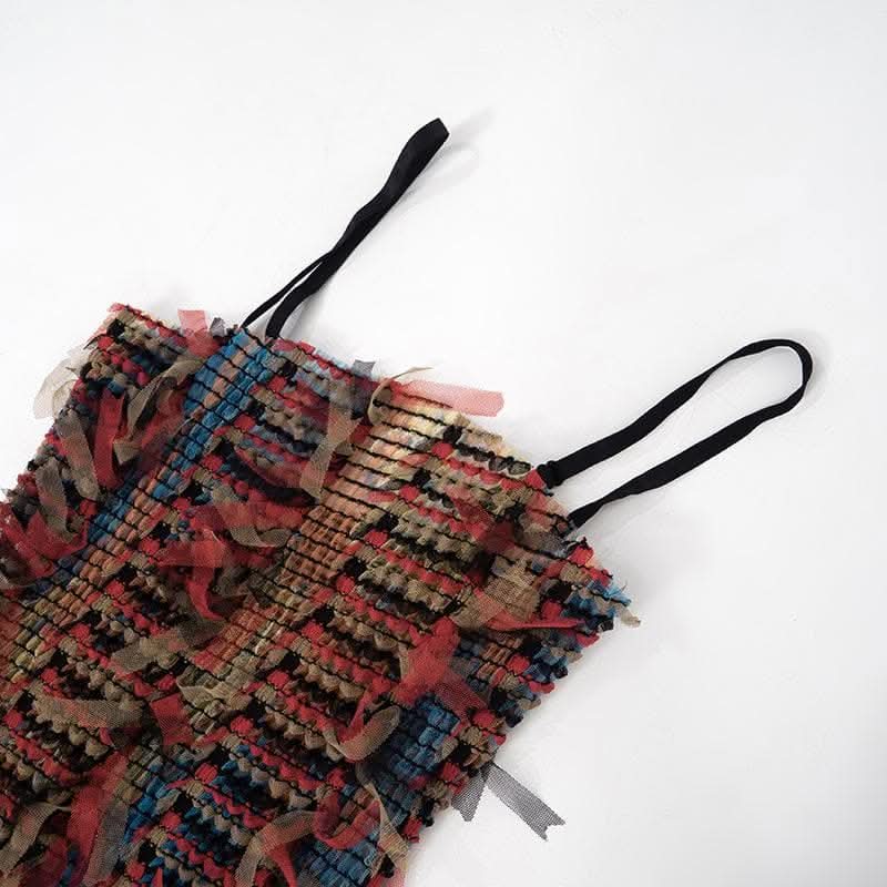 Mesh ruffle stitch contrast textured cami mini dress-final-sale  | Festival Outfits Women
