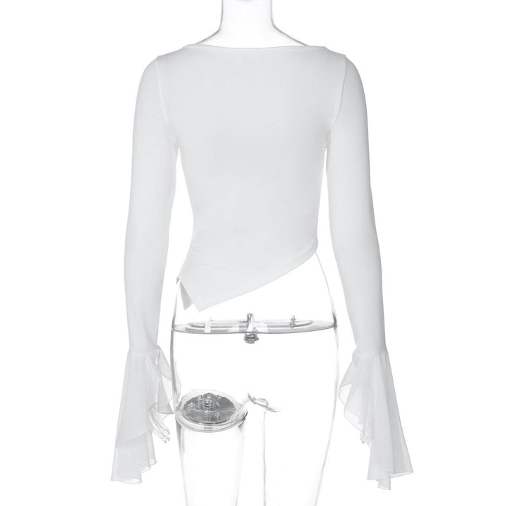 Long flared sleeve crewneck irregular solid top  | Festival Outfits Women-final-sale