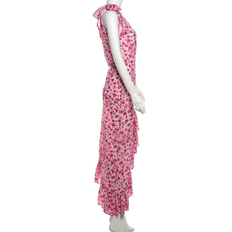 One shoulder knotted slit flower print ruffle maxi dress  | Festival Outfits Women