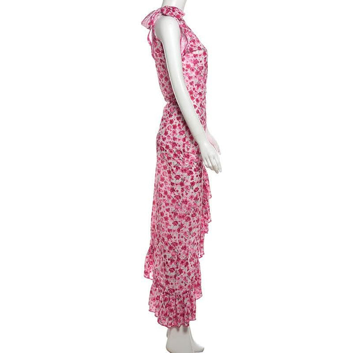 One shoulder knotted slit flower print ruffle maxi dress  | Festival Outfits Women