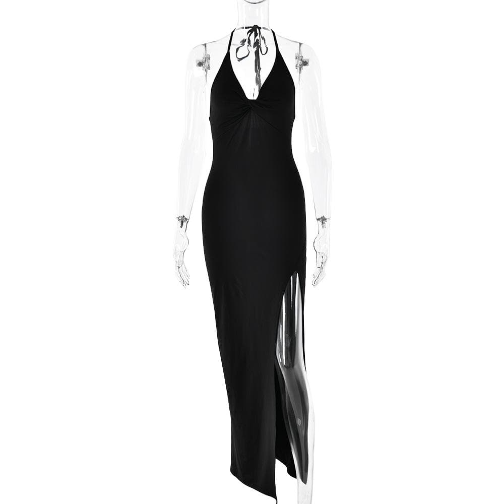 Halter v neck ruched slit backless midi dress  | Festival Outfits Women