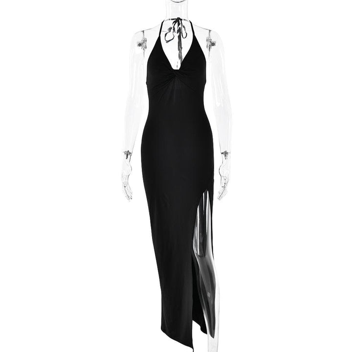 Halter v neck ruched slit backless midi dress  | Festival Outfits Women
